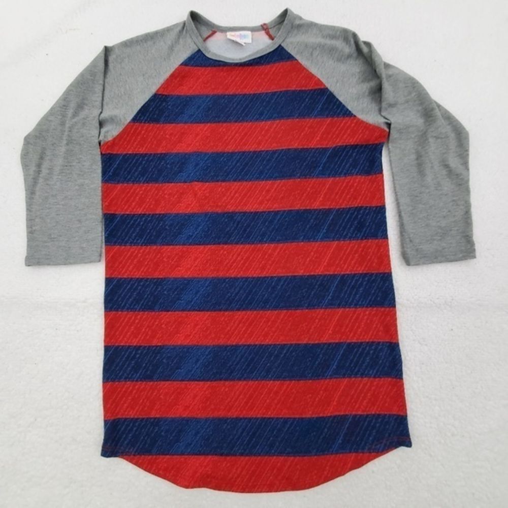 Lularoe Randy XS‎ Raglan Red Blue Stripe Gray Baseb